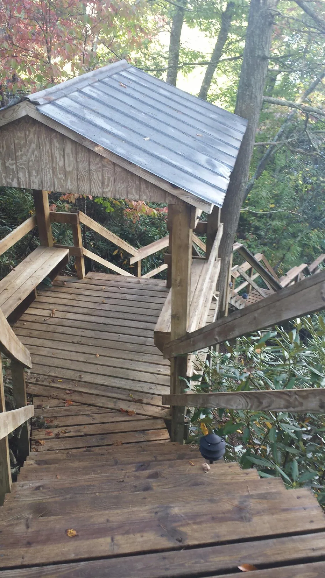 Metal roofed shelter over wooden steps on a wooded walkway — Skylight Repair & Installation work by our crew in Palermo